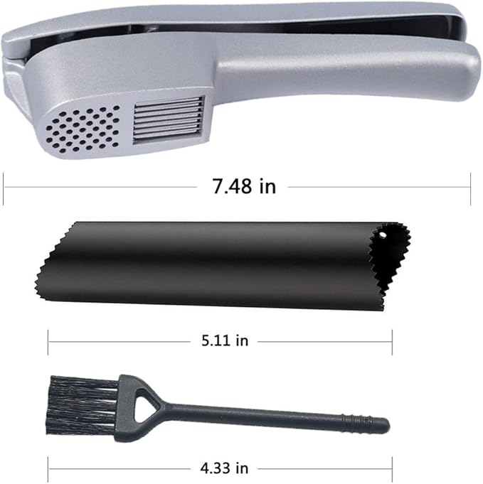 Stainless Steel Garlic Press Set with Peeler Tube and Cleaning Brush 2-in-1 Garlic Crusher and Slicer