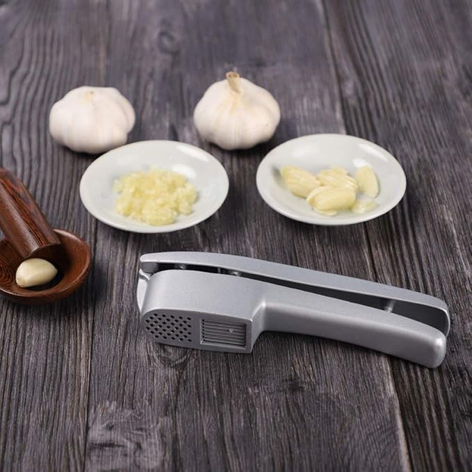 Stainless Steel Garlic Press Set with Peeler Tube and Cleaning Brush 2-in-1 Garlic Crusher and Slicer