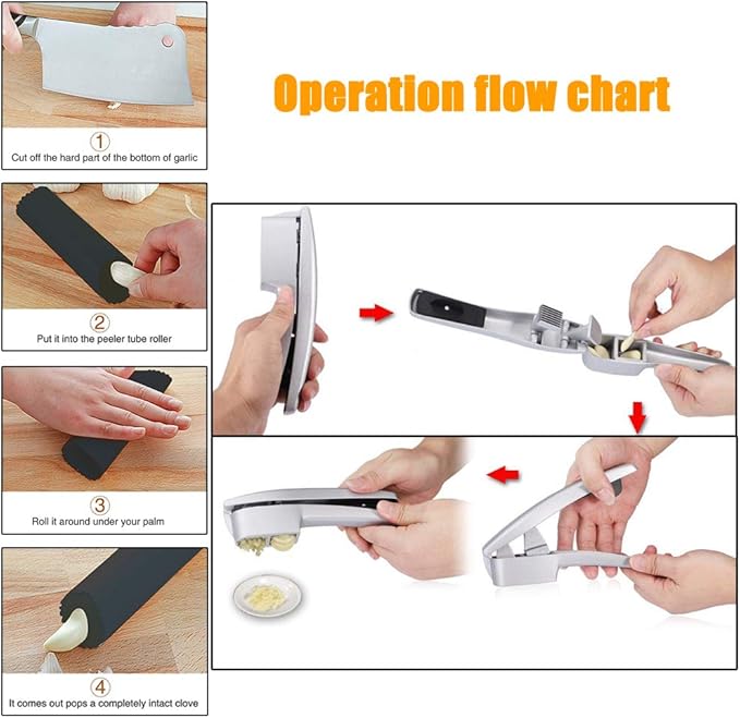 Stainless Steel Garlic Press Set with Peeler Tube and Cleaning Brush 2-in-1 Garlic Crusher and Slicer