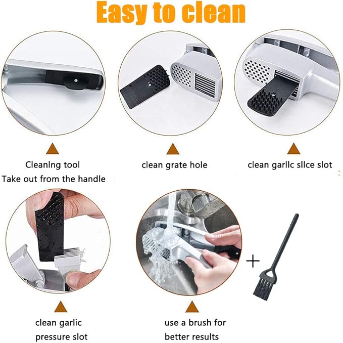 Stainless Steel Garlic Press Set with Peeler Tube and Cleaning Brush 2-in-1 Garlic Crusher and Slicer