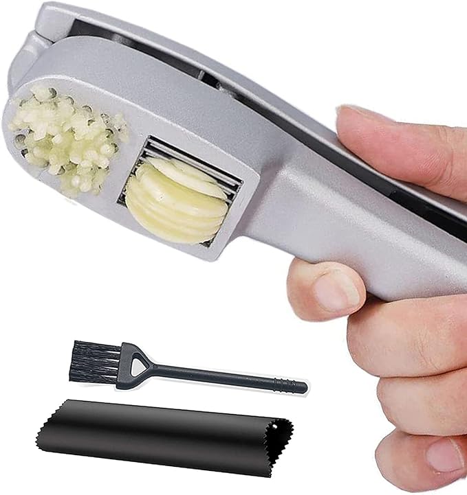 Stainless Steel Garlic Press Set with Peeler Tube and Cleaning Brush 2-in-1 Garlic Crusher and Slicer