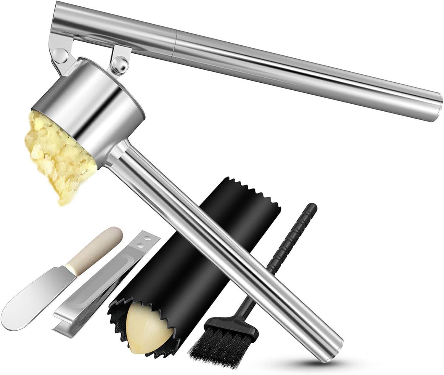 Heavy Duty Stainless Steel Garlic Press Set with Extended Handle – Jumbo Garlic Crusher with Peeler, Scraper & Cleaning Brush