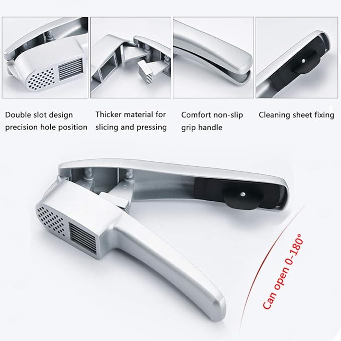 Stainless Steel Garlic Press Set with Peeler Tube and Cleaning Brush 2-in-1 Garlic Crusher and Slicer