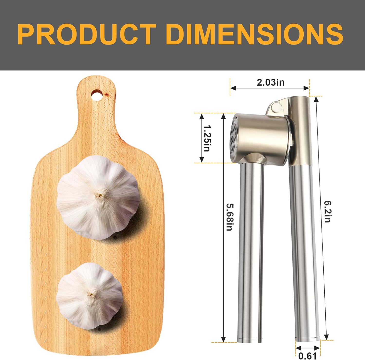 Stainless Steel Garlic Press Long Handle Heavy-Duty Garlic Crusher with Large Chamber
