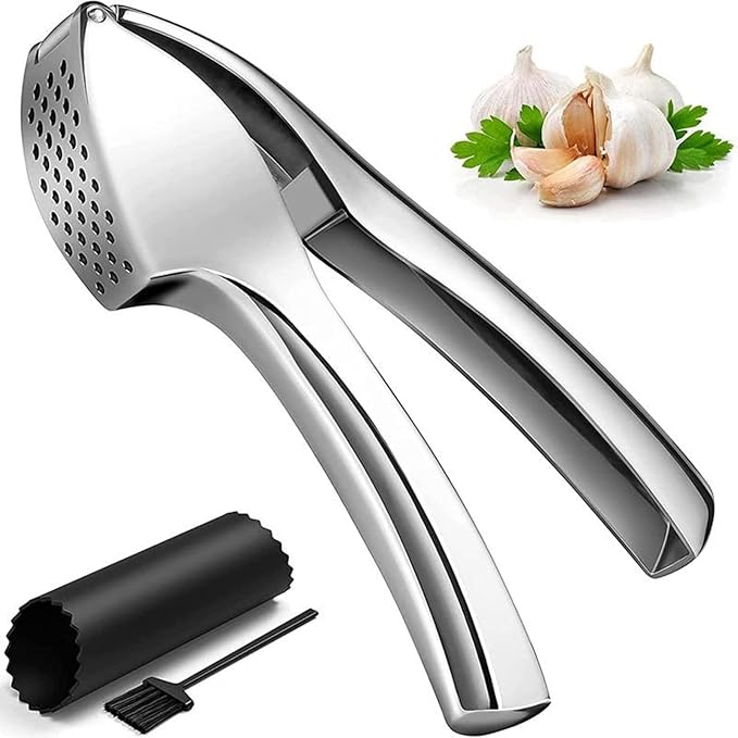 Full Stainless Steel Garlic Press Heavy-Duty Garlic Crusher Large Chamber Ergonomic Garlic Mincer
