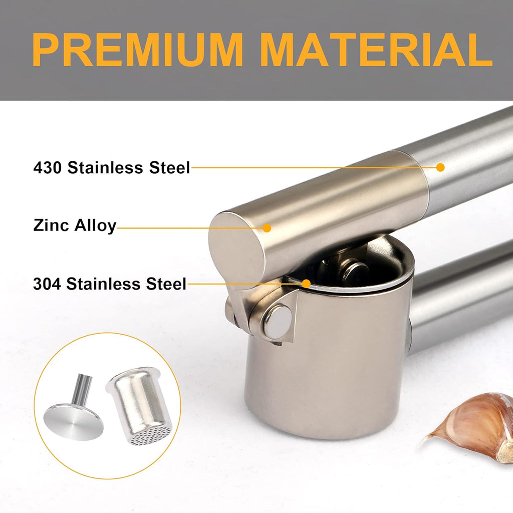 Stainless Steel Garlic Press Long Handle Heavy-Duty Garlic Crusher with Large Chamber