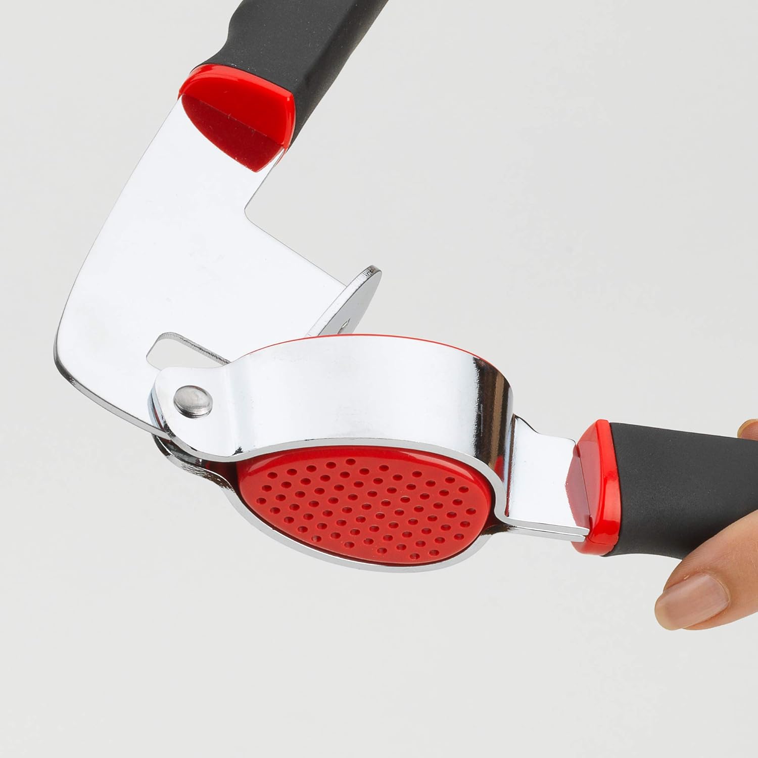 Stainless Steel Garlic Press with Non-Slip Handle and Red Garlic Chamber Handheld Garlic Crusher