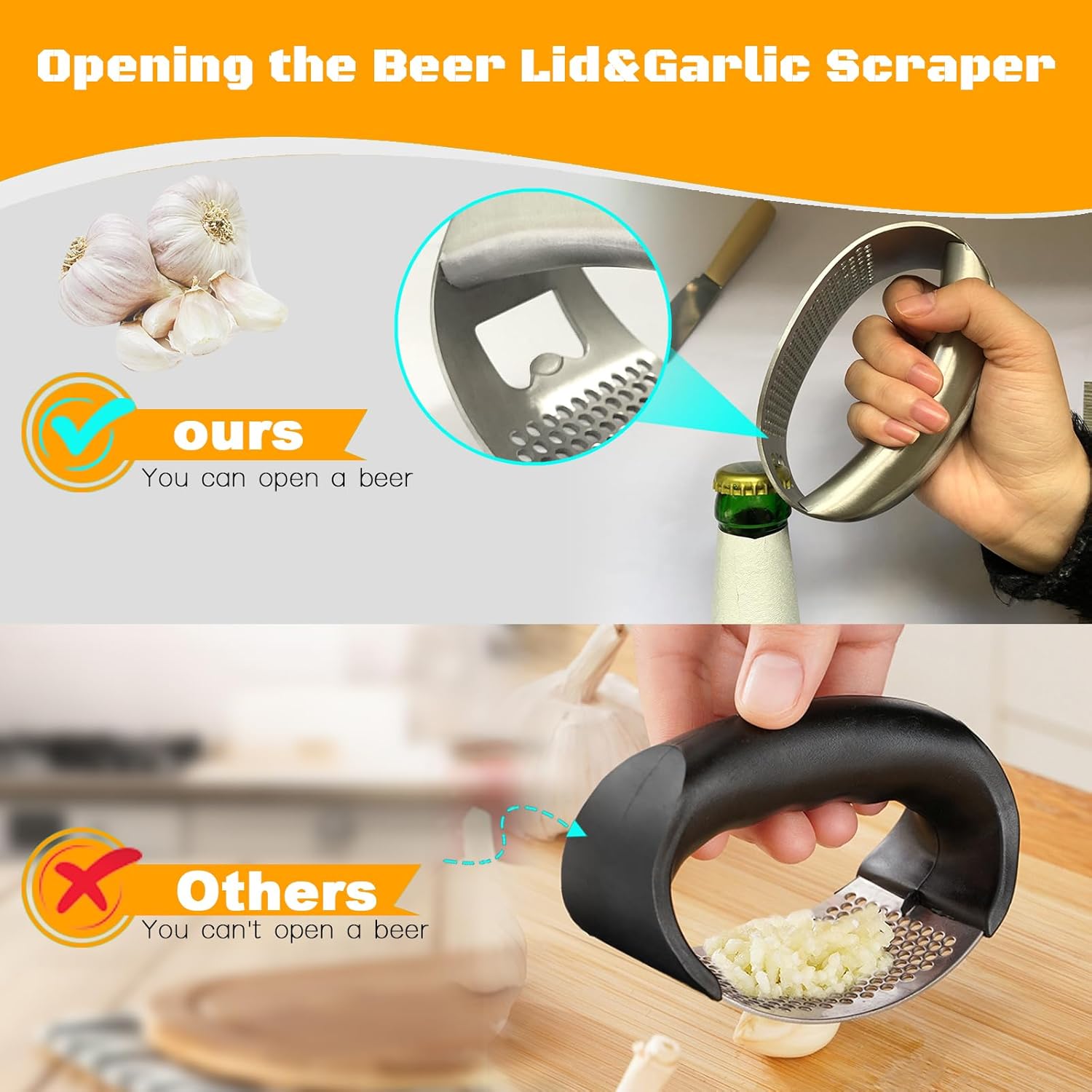 Stainless Steel Garlic Press Rocker with Peeler Tube and Scraper Handheld Garlic Crusher Kitchen Tool