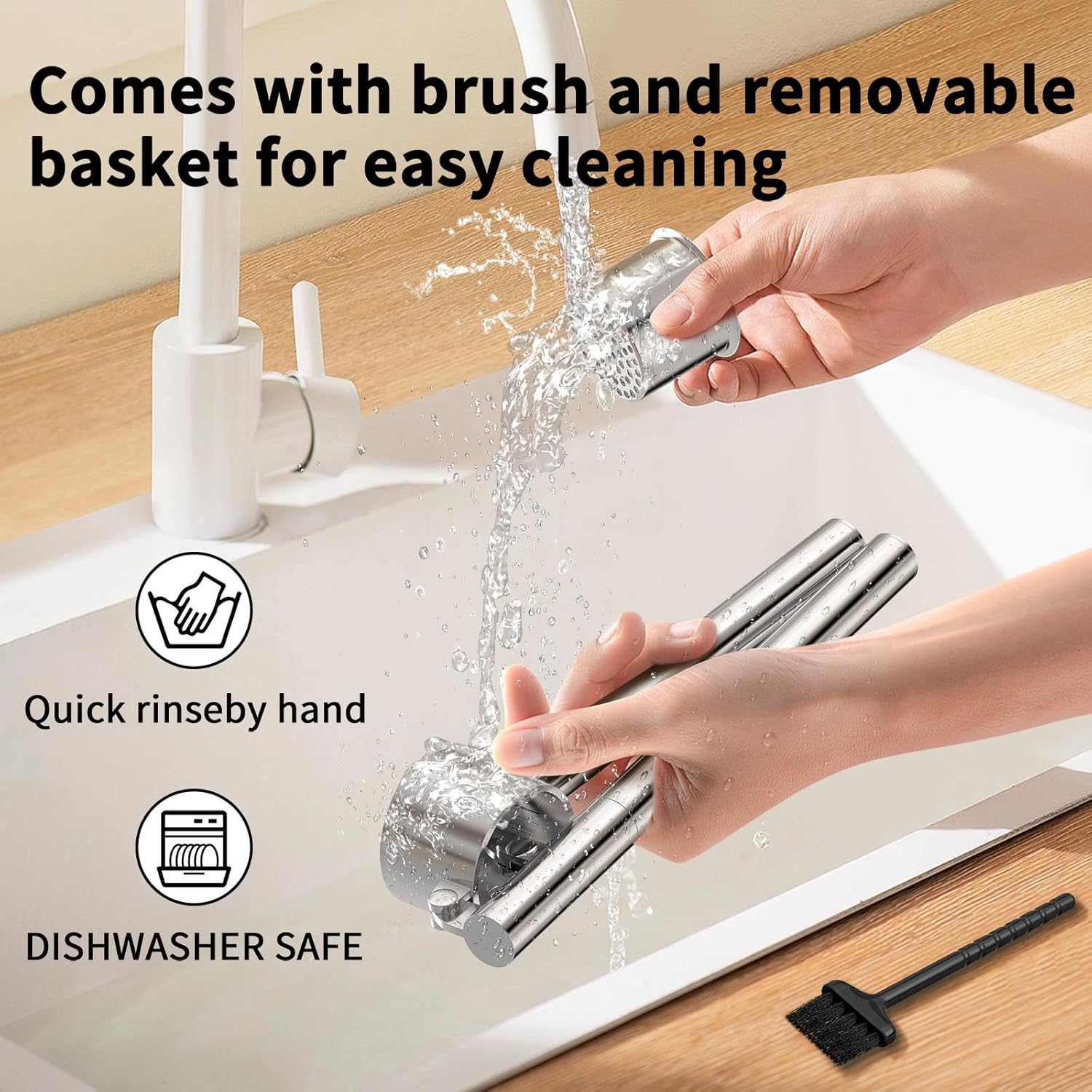 Heavy Duty Stainless Steel Garlic Press Set with Extended Handle – Jumbo Garlic Crusher with Peeler, Scraper & Cleaning Brush