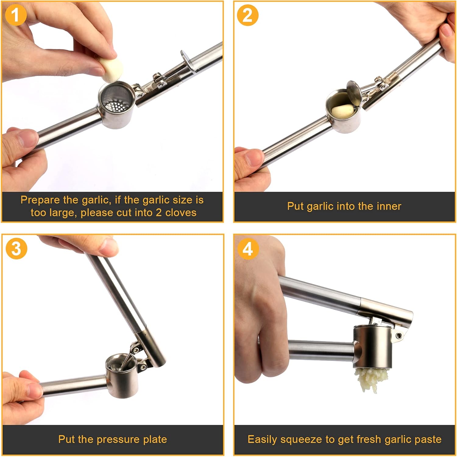 Stainless Steel Garlic Press Long Handle Heavy-Duty Garlic Crusher with Large Chamber