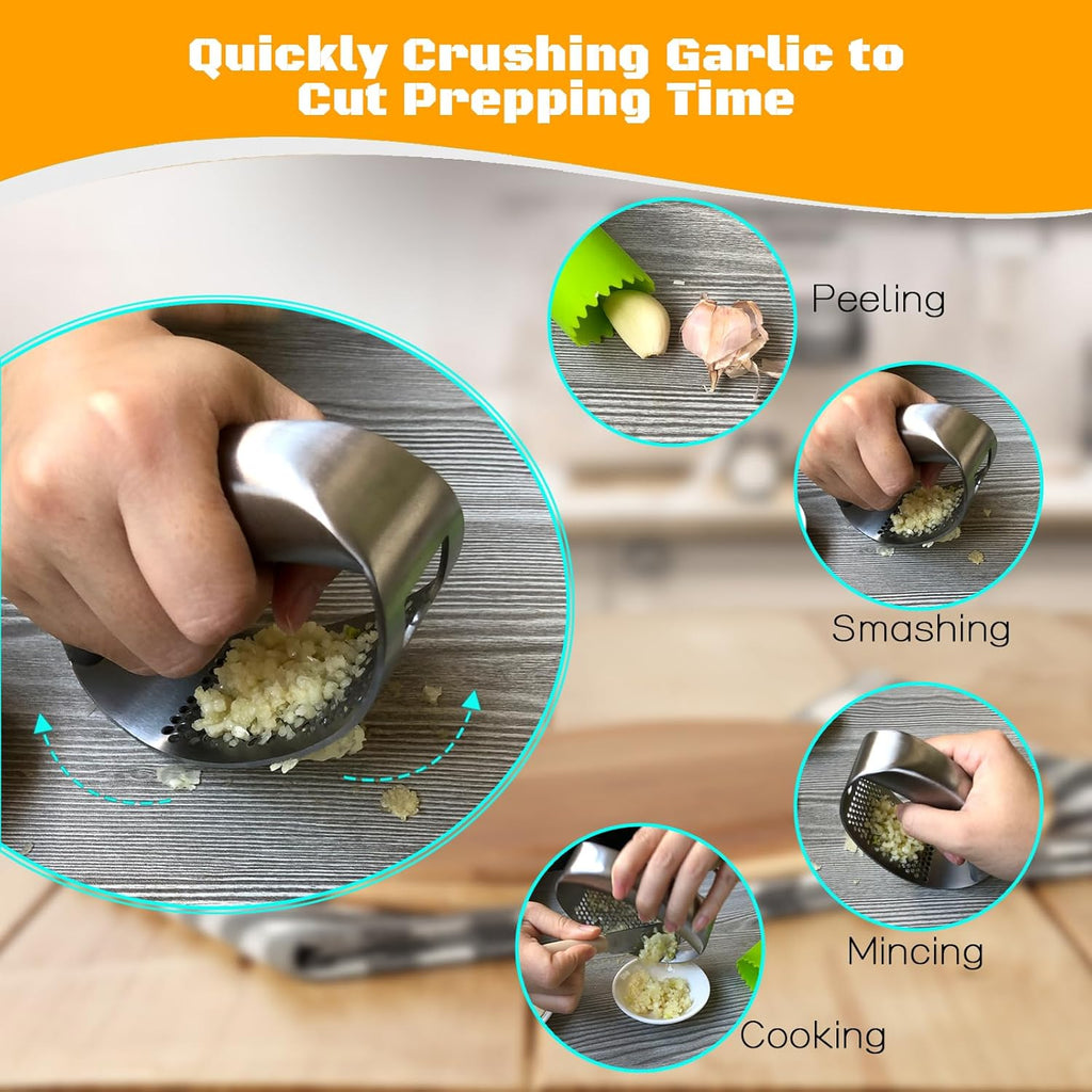 Stainless Steel Garlic Press Rocker with Peeler Tube and Scraper Handheld Garlic Crusher Kitchen Tool
