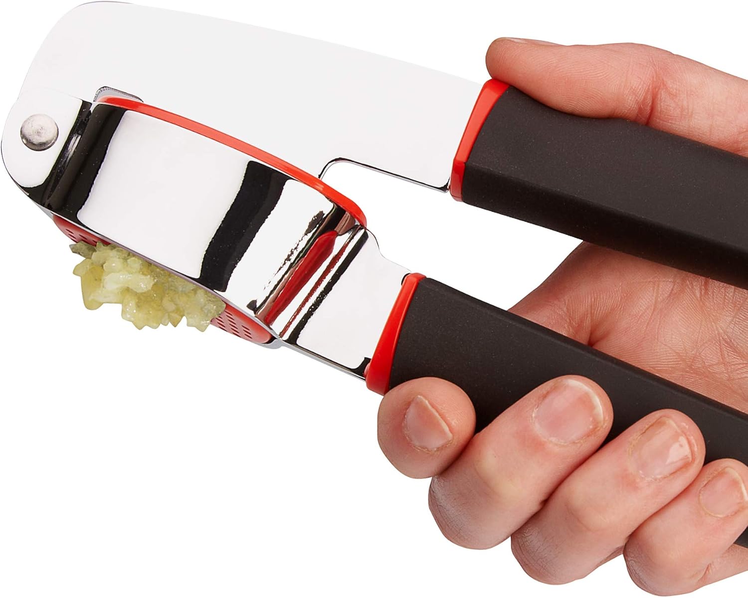 Stainless Steel Garlic Press with Non-Slip Handle and Red Garlic Chamber Handheld Garlic Crusher