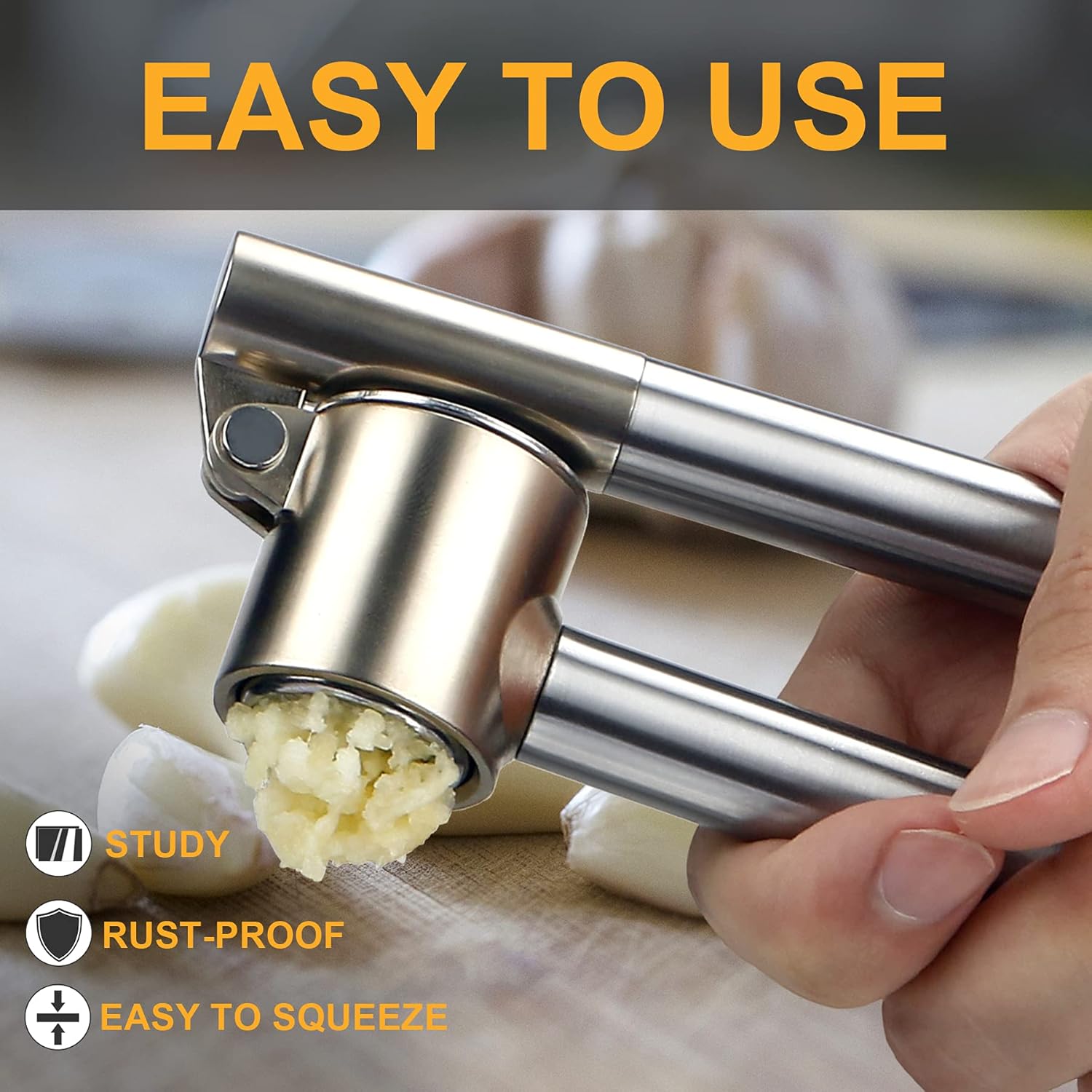 Stainless Steel Garlic Press Long Handle Heavy-Duty Garlic Crusher with Large Chamber