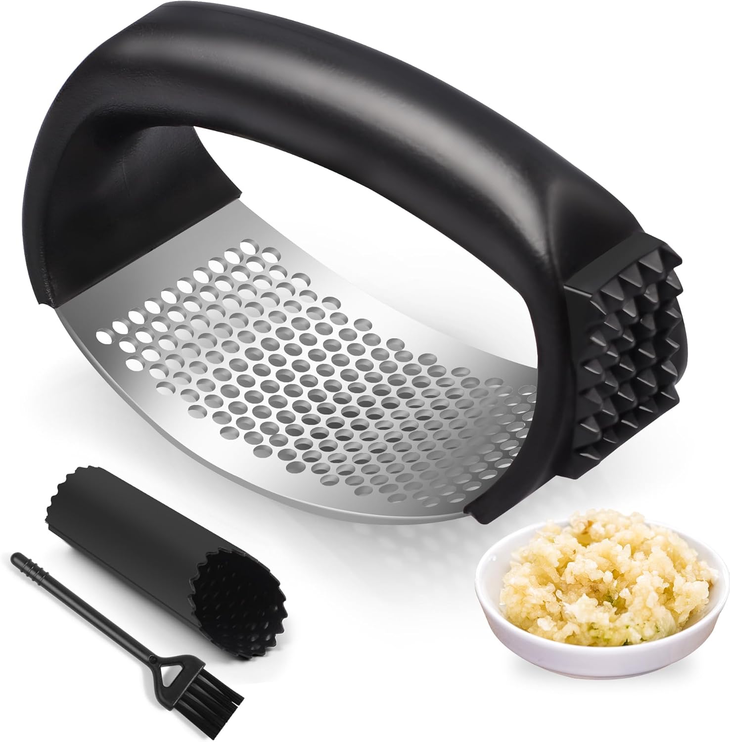 Stainless Steel Garlic Press Rocker with Non-Slip Handle Garlic Crusher Set with Peeler Tube & Cleaning Brush