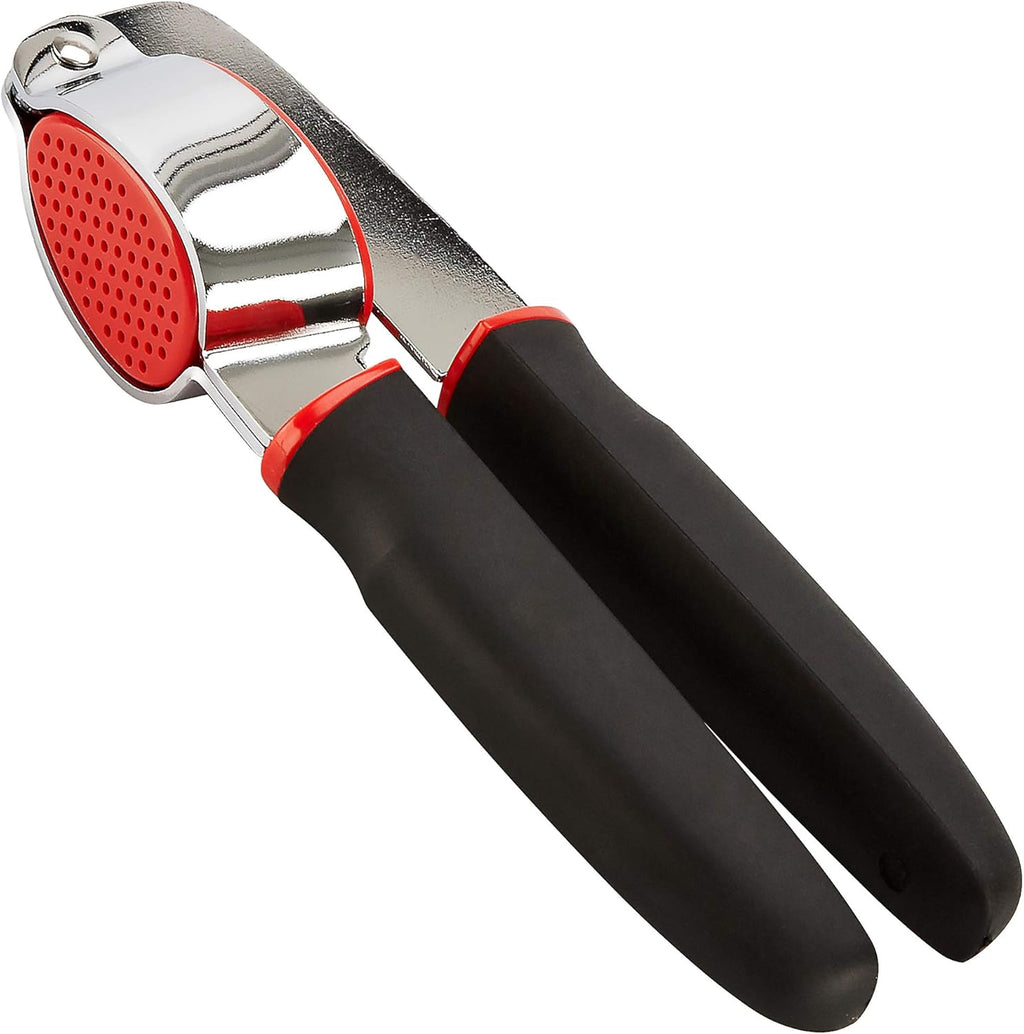 Stainless Steel Garlic Press with Non-Slip Handle and Red Garlic Chamber Handheld Garlic Crusher