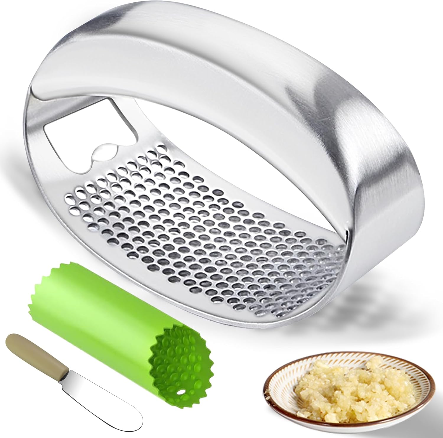 Stainless Steel Garlic Press Rocker with Peeler Tube and Scraper Handheld Garlic Crusher Kitchen Tool