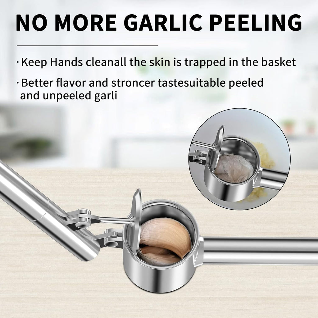 Heavy Duty Stainless Steel Garlic Press Set with Extended Handle – Jumbo Garlic Crusher with Peeler, Scraper & Cleaning Brush