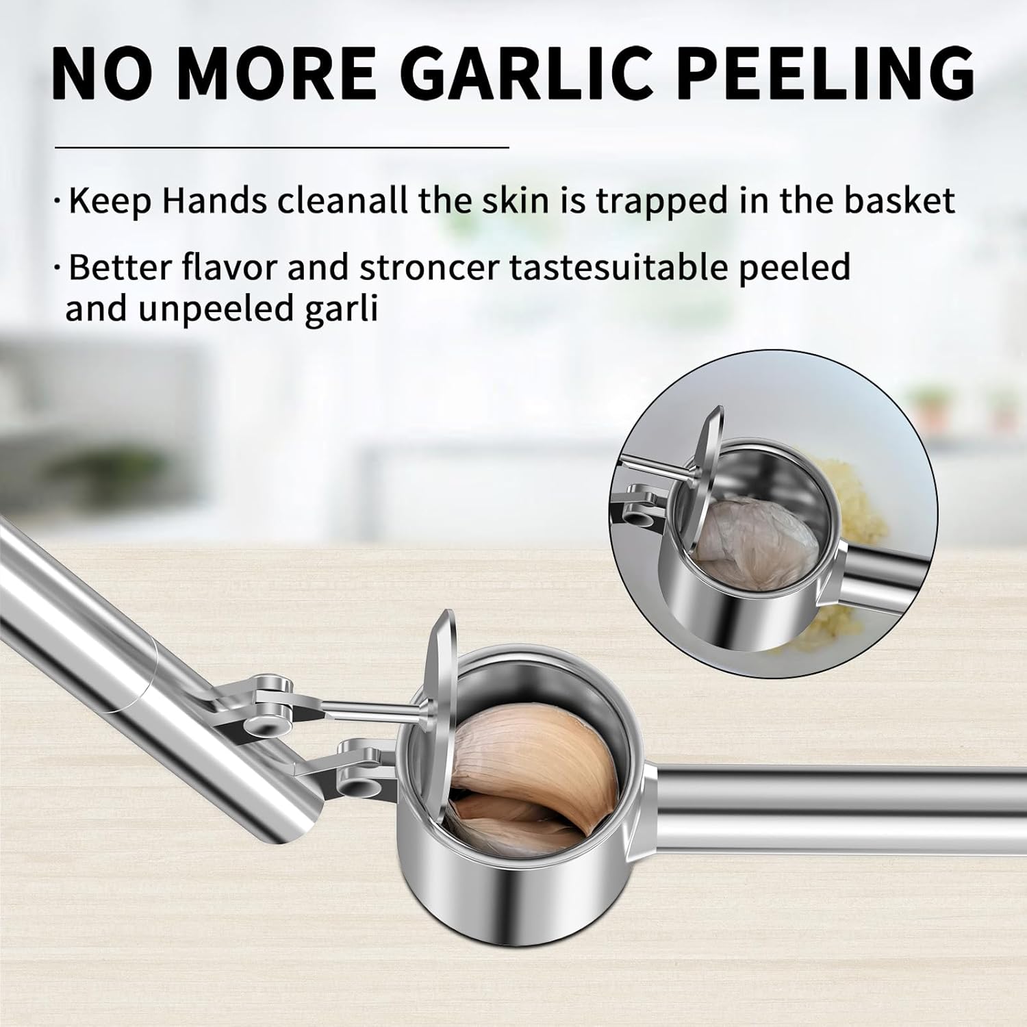 Heavy Duty Stainless Steel Garlic Press Set with Extended Handle – Jumbo Garlic Crusher with Peeler, Scraper & Cleaning Brush