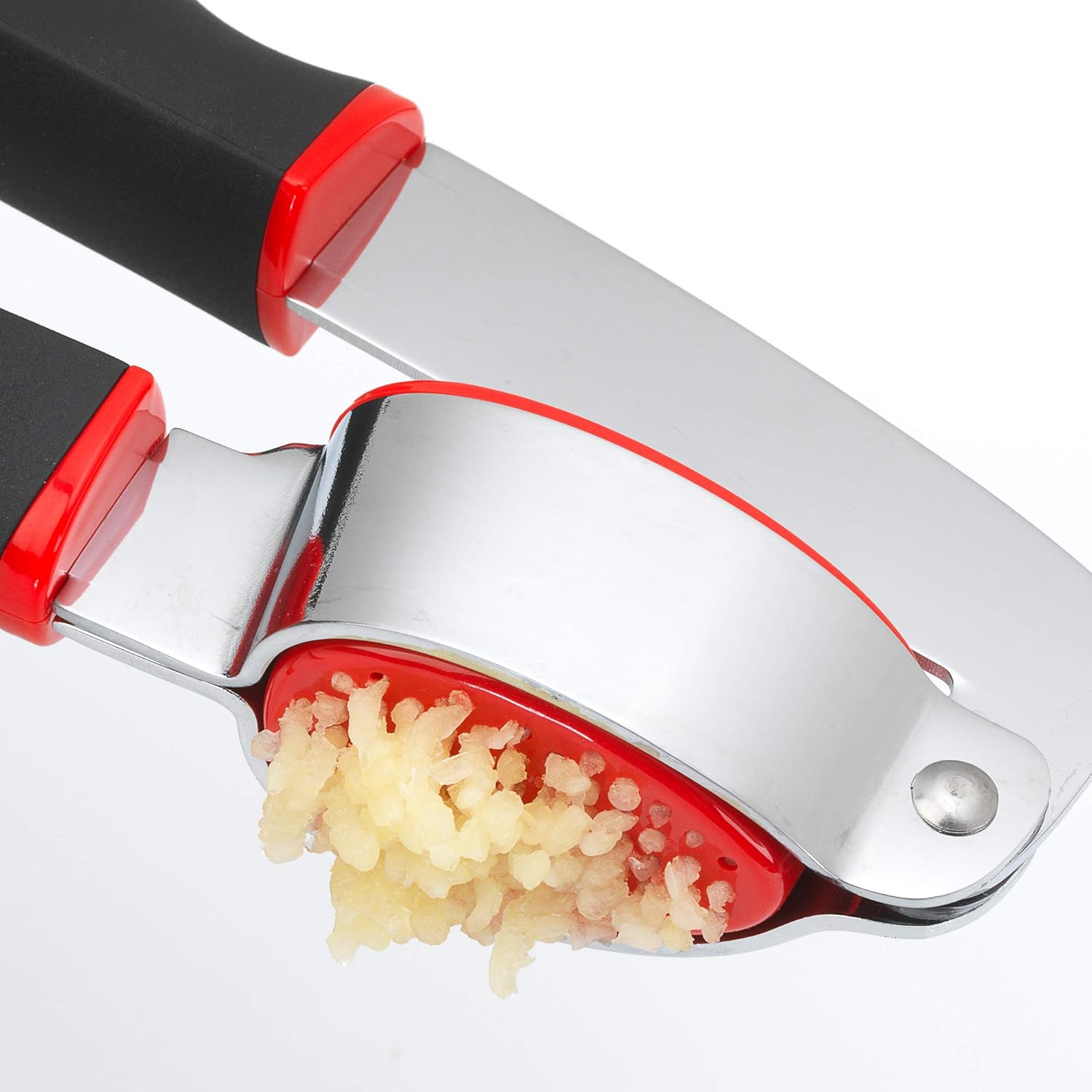 Stainless Steel Garlic Press with Non-Slip Handle and Red Garlic Chamber Handheld Garlic Crusher