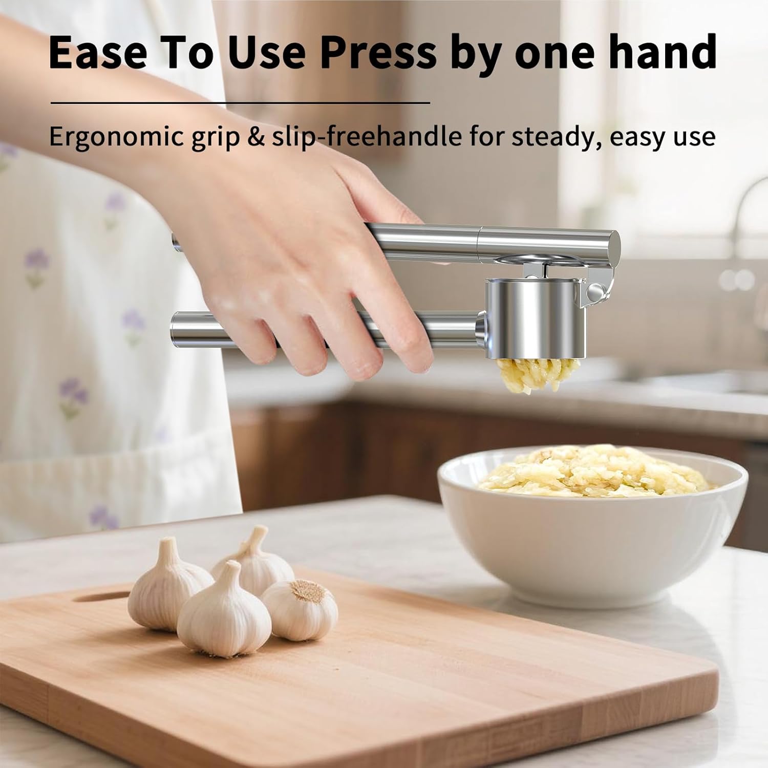 Heavy Duty Stainless Steel Garlic Press Set with Extended Handle – Jumbo Garlic Crusher with Peeler, Scraper & Cleaning Brush