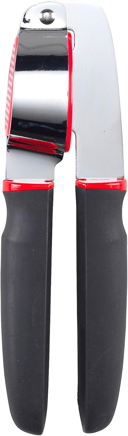 Stainless Steel Garlic Press with Non-Slip Handle and Red Garlic Chamber Handheld Garlic Crusher