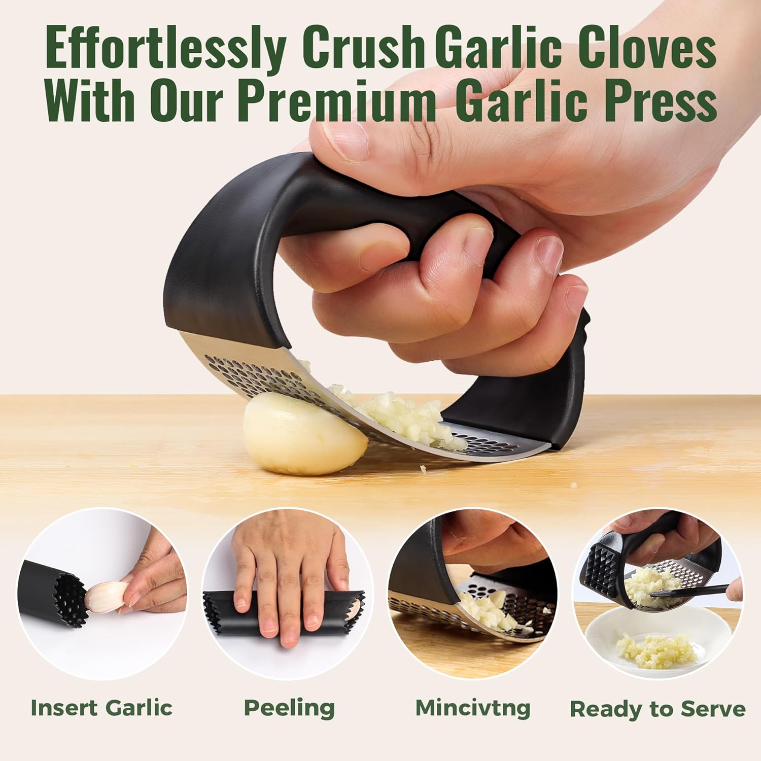 Stainless Steel Garlic Press Rocker with Non-Slip Handle Garlic Crusher Set with Peeler Tube & Cleaning Brush