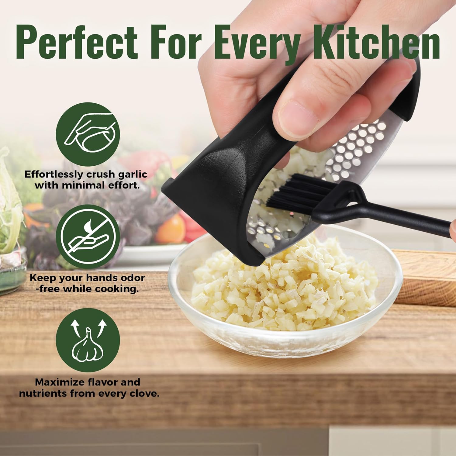Stainless Steel Garlic Press Rocker with Non-Slip Handle Garlic Crusher Set with Peeler Tube & Cleaning Brush