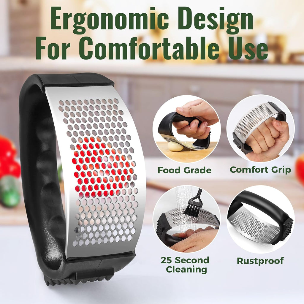 Stainless Steel Garlic Press Rocker with Non-Slip Handle Garlic Crusher Set with Peeler Tube & Cleaning Brush
