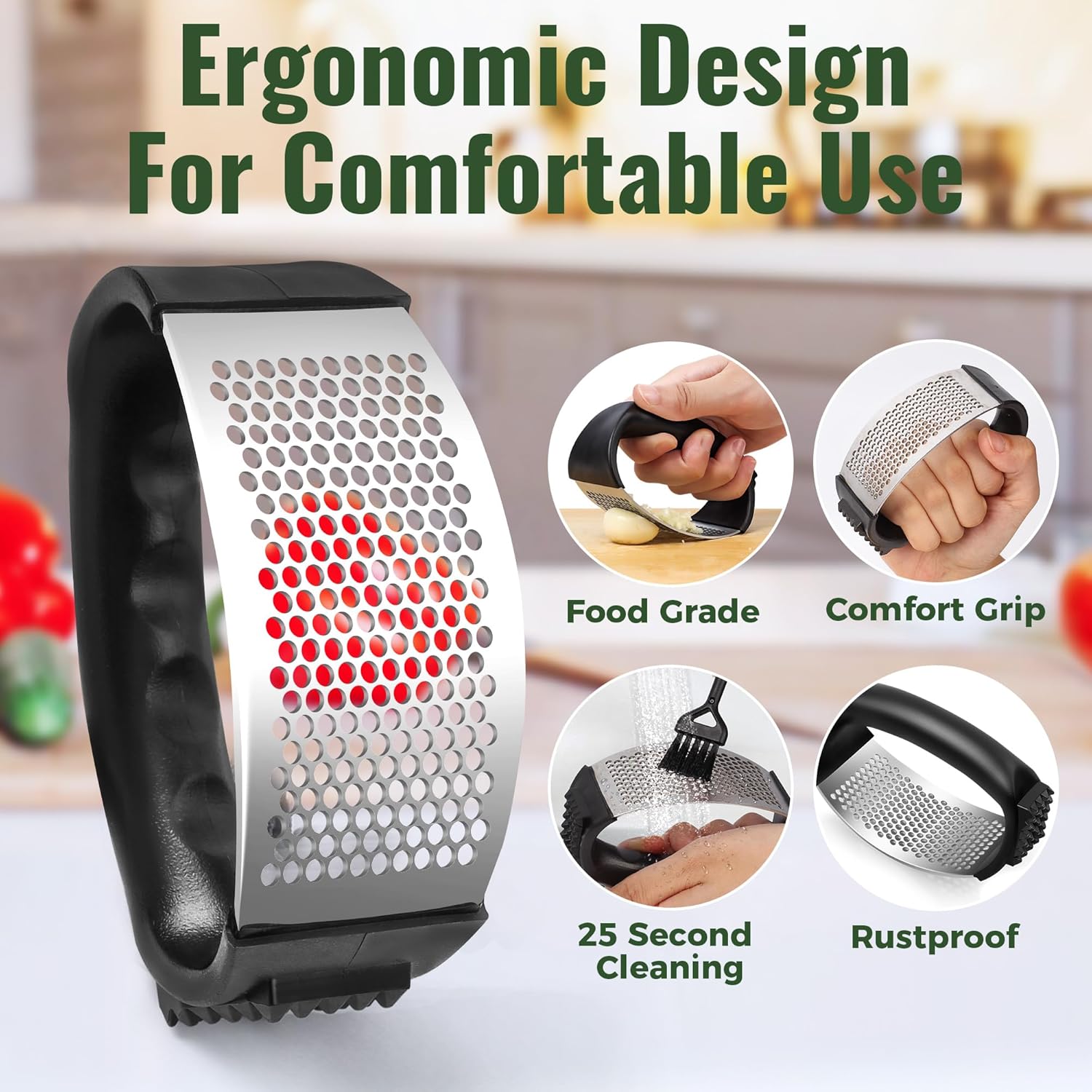 Stainless Steel Garlic Press Rocker with Non-Slip Handle Garlic Crusher Set with Peeler Tube & Cleaning Brush