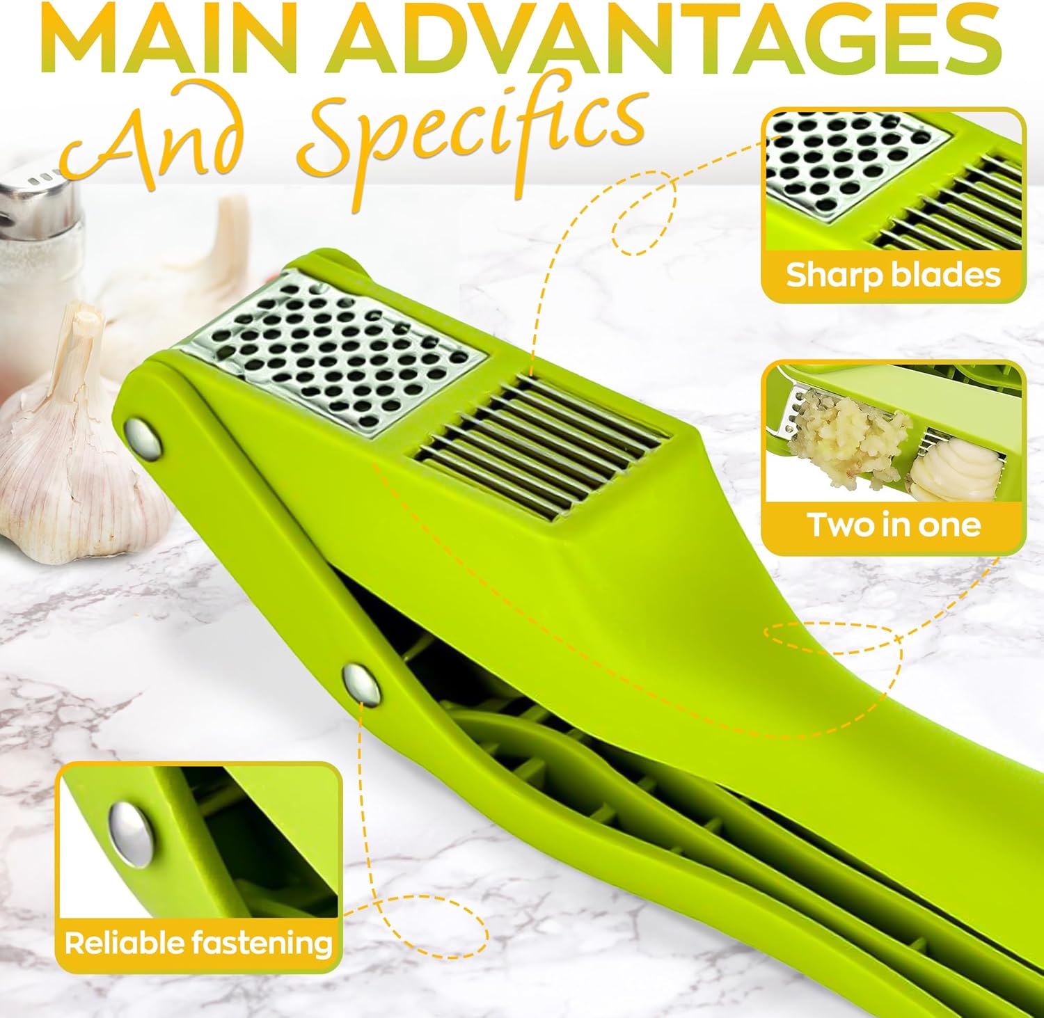 2-in-1 Garlic Press with Slicer Stainless Steel Garlic Crusher and Cutter Manual Garlic Mincer